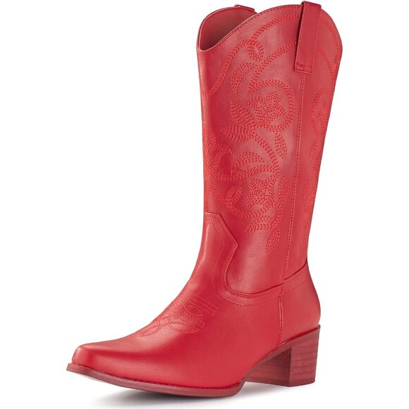 Women's Red Pointy Toe Faux Leather Western Cowgirl Mid Calf Boots - Picture 1 of 7